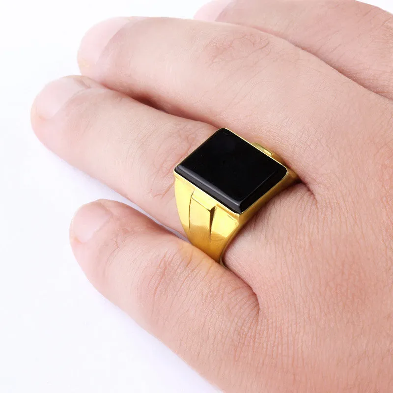 14k Yellow Gold Men's Ring with Black Onyx Stone, Statement Ring for Men