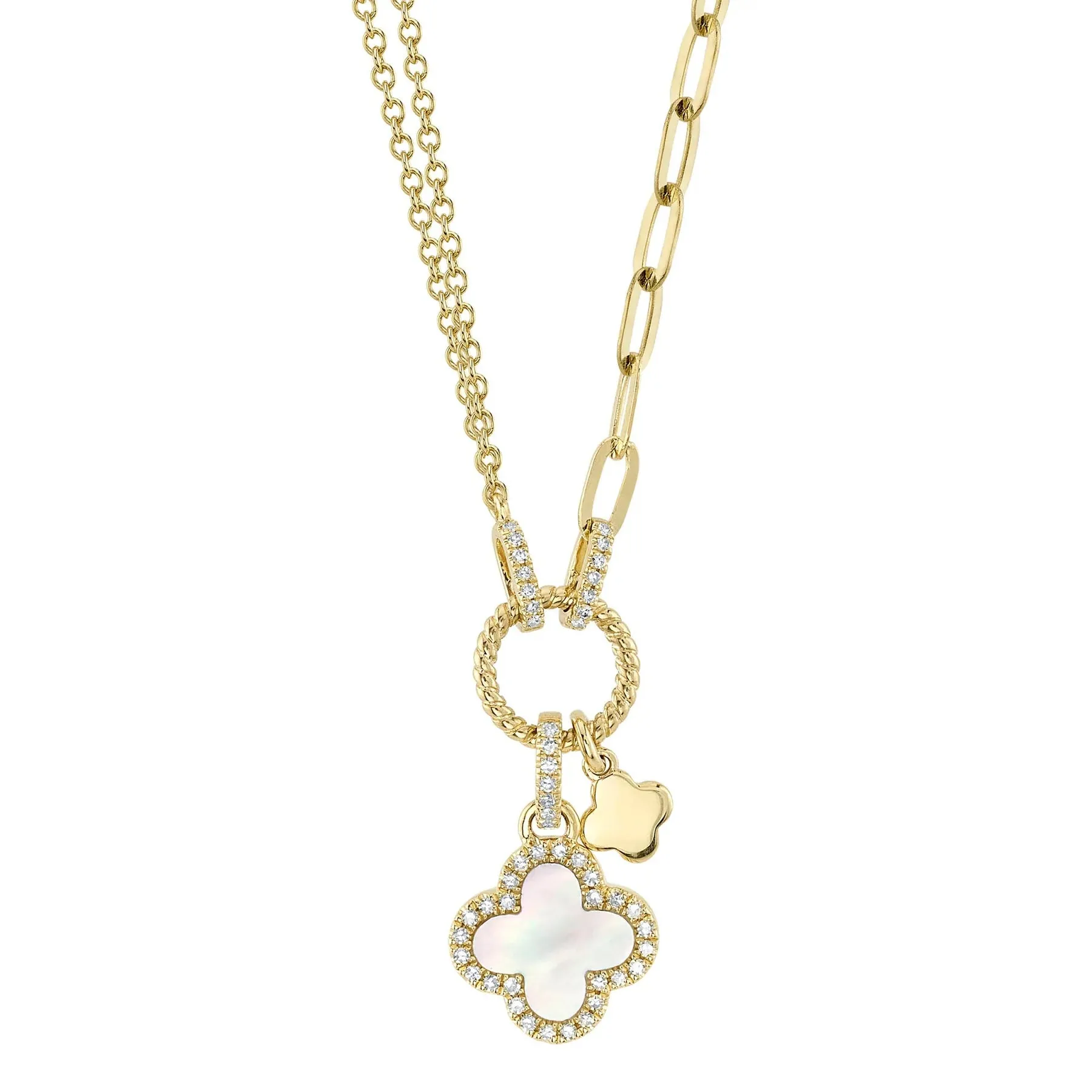 14K Yellow Gold Mother of Pearl & Diamond Clover Paperclip Link Pendant Necklace