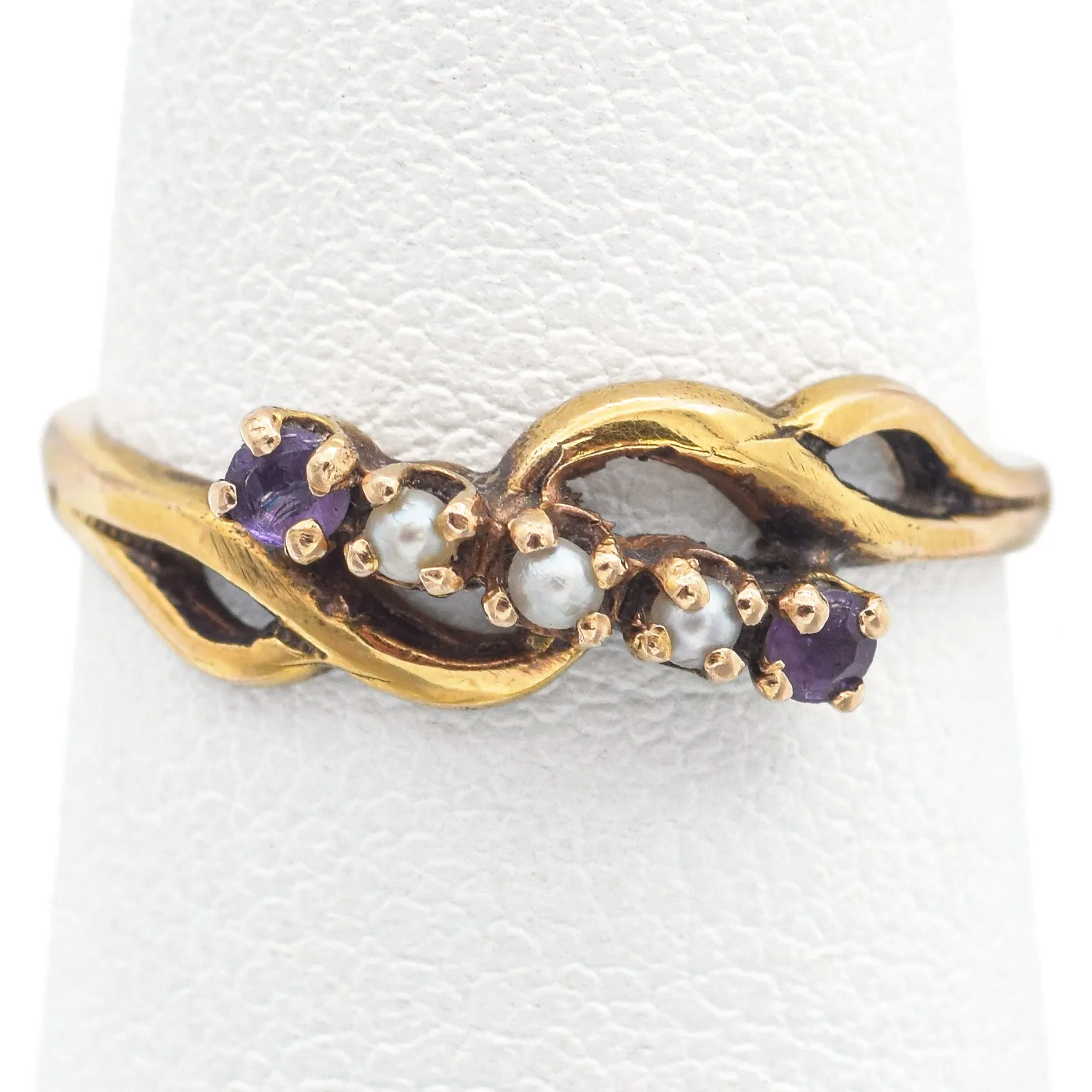 Antique 14K Yellow Gold Amethyst & Seed Pearl Band Ring Size 5.75