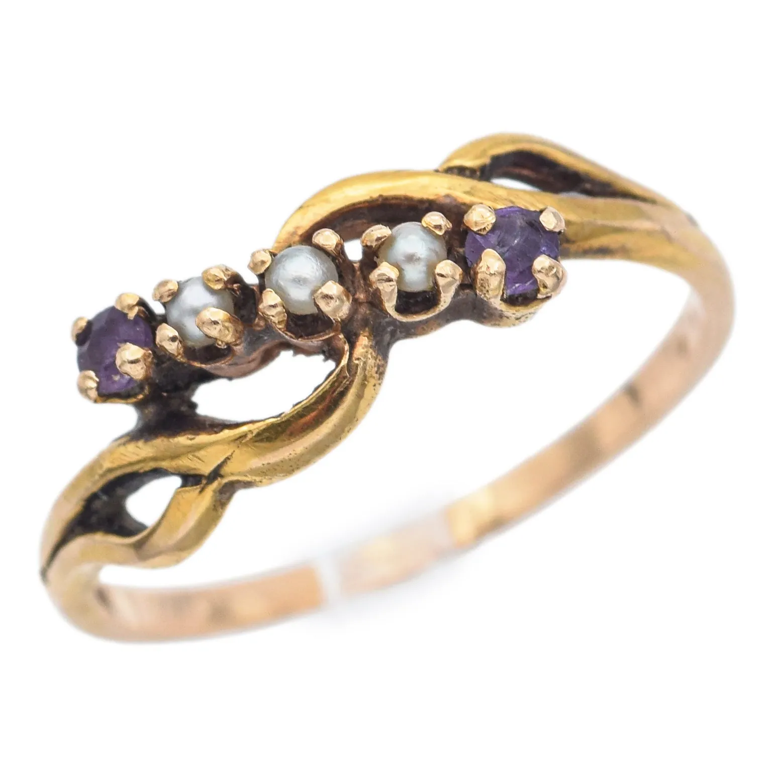 Antique 14K Yellow Gold Amethyst & Seed Pearl Band Ring Size 5.75