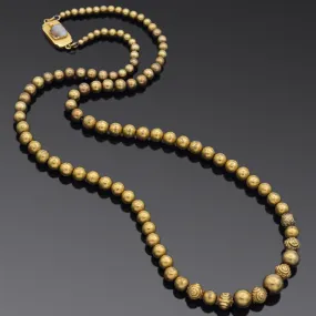 Antique 6K Yellow Gold Beaded Necklace with 12K Gold White Stone Clasp