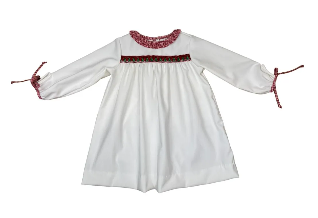 Anvy Kids White Corduroy Christy Dress, Red Tree Ribbon