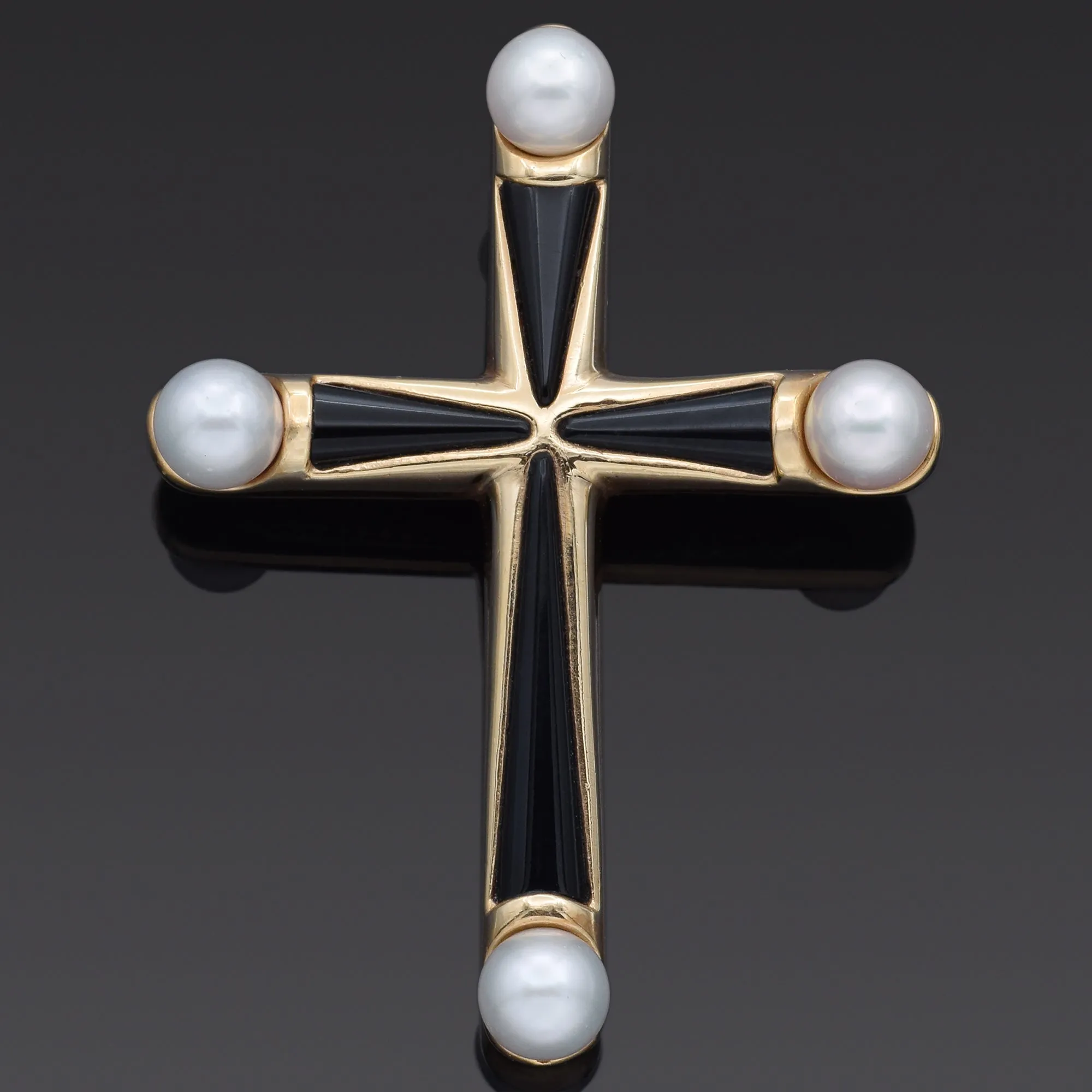 Estate Onyx and Pearl 18K Yellow Gold Large Cross Enhancer Pendant