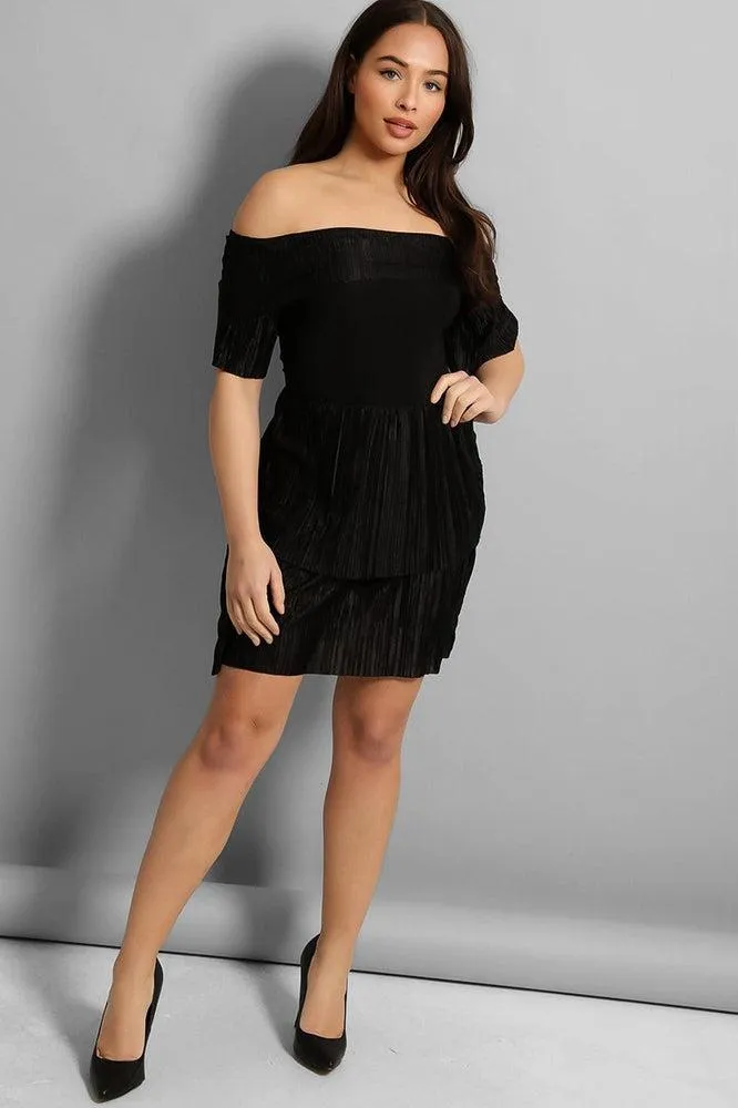 Macro Pleat Frills Off Shoulder Slinky Dress