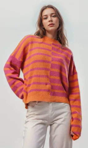 O173662 Bi-Tone Knitted Slip On Pullover - Fuchsia & Orange