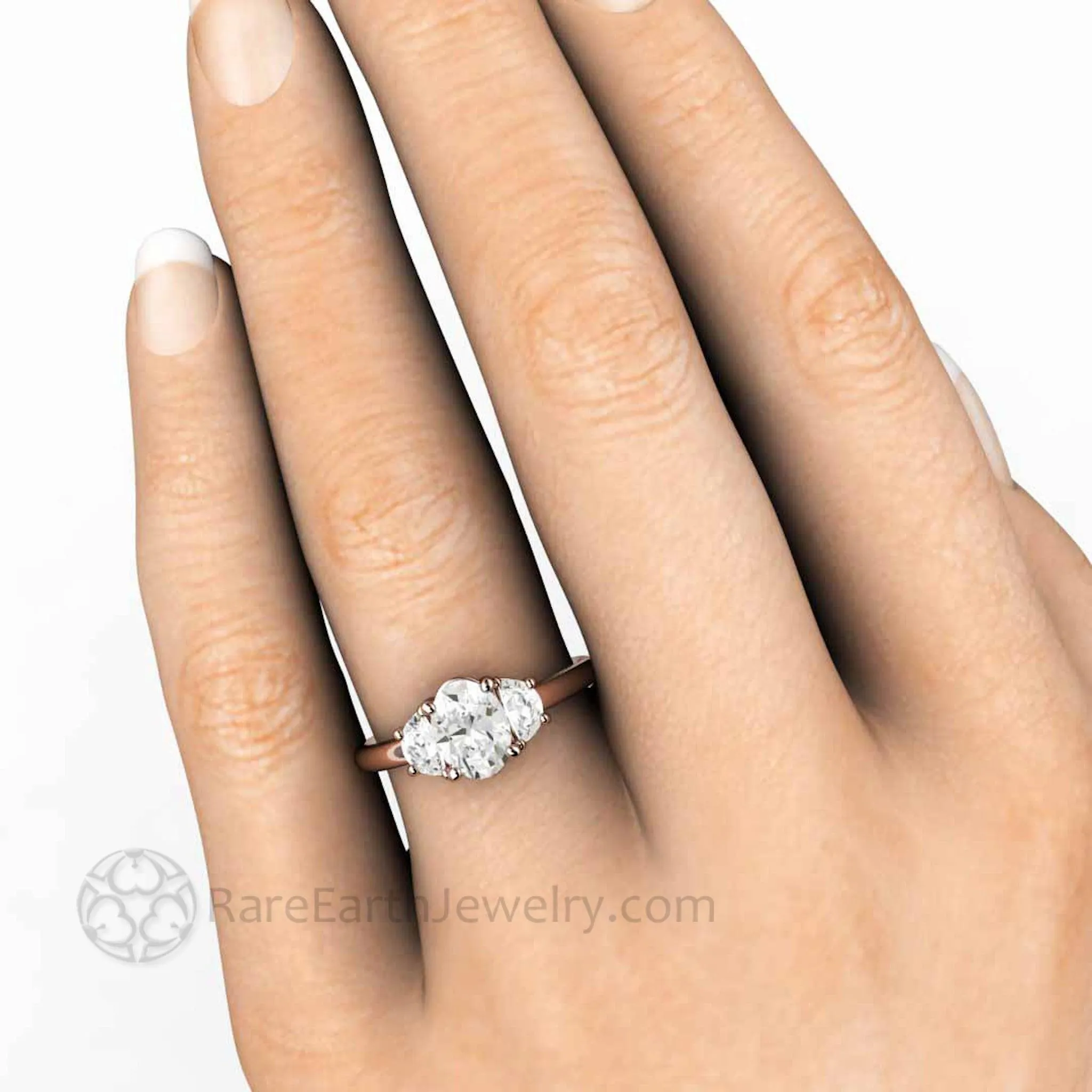 Oval 3 Stone Moissanite Engagement Ring with Half Moons