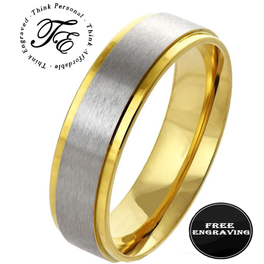 Personalized Engraved Men's Gold and Steel Promise Ring - Engraved Handwriting Ring