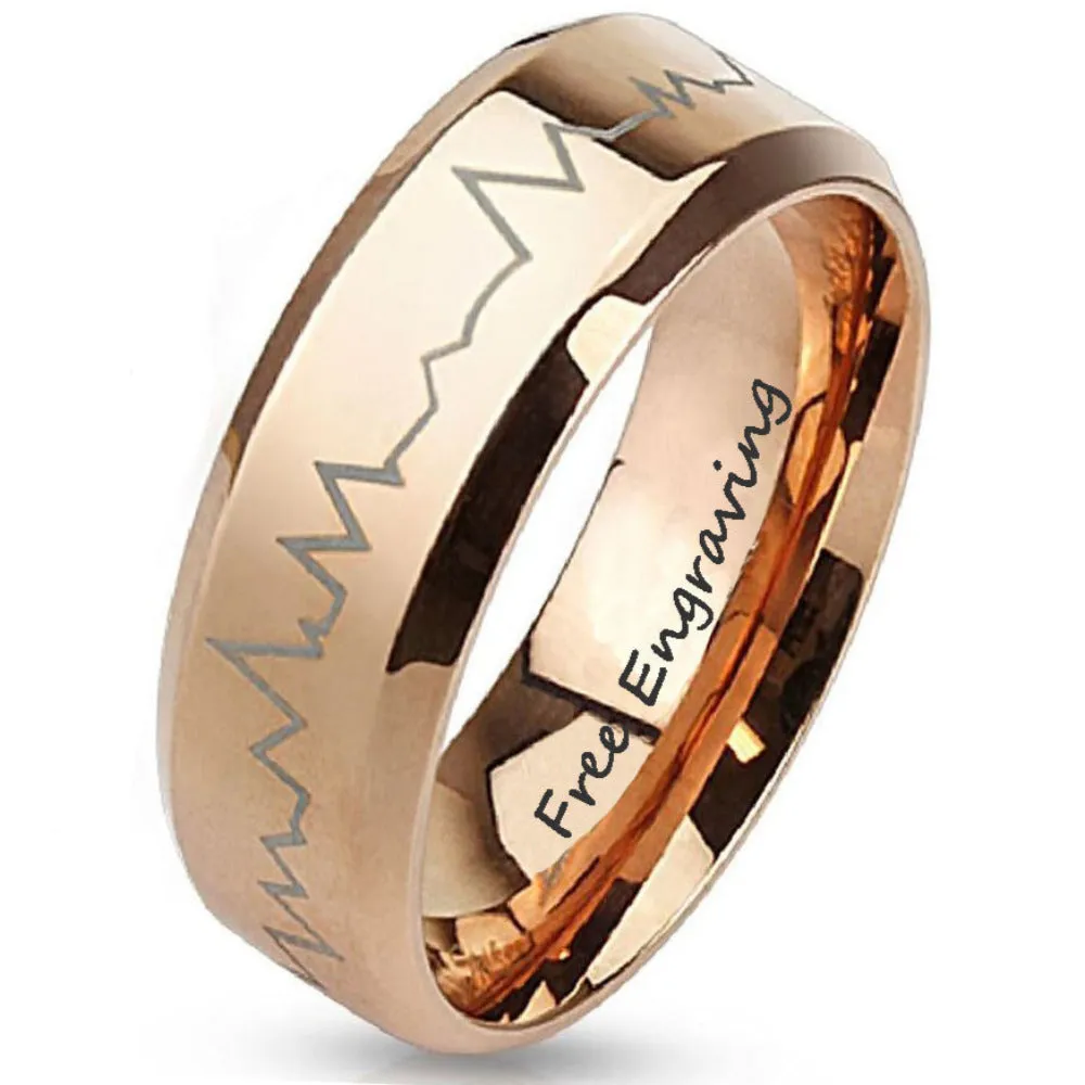 Personalized Men's Rose Gold Heart Beat Promise Ring - Engraved heart Beat Ring