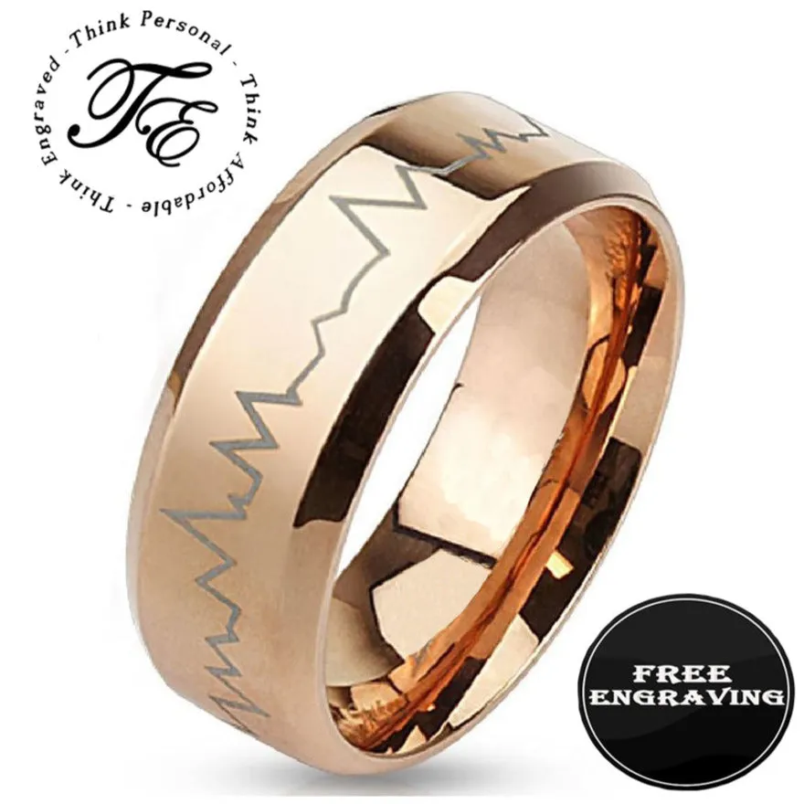 Personalized Men's Rose Gold Heart Beat Promise Ring - Engraved heart Beat Ring