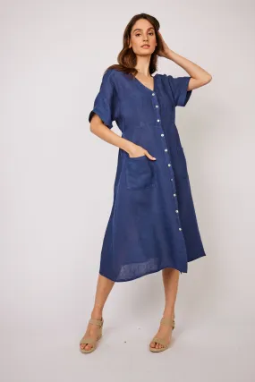 Pistache - Button Down Linen Dress - Dark Denim