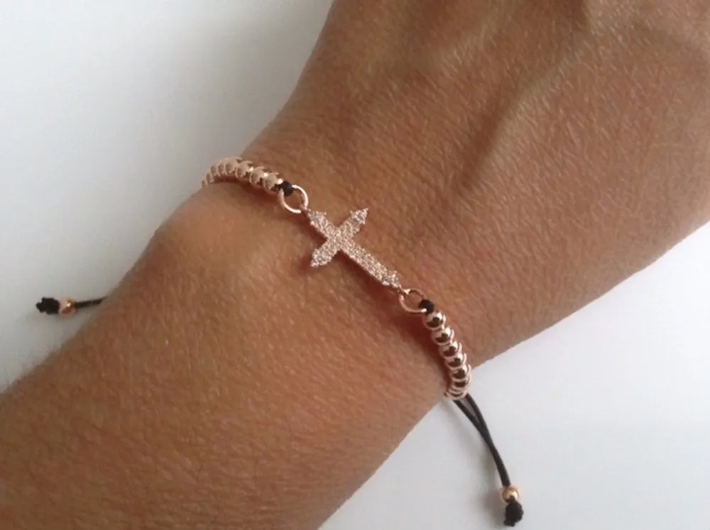 Rose Gold Crucifix Macrame Ball Bracelet