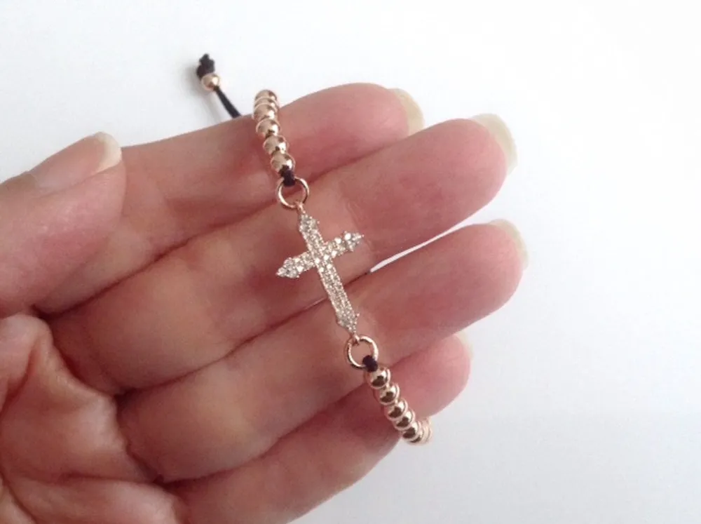 Rose Gold Crucifix Macrame Ball Bracelet