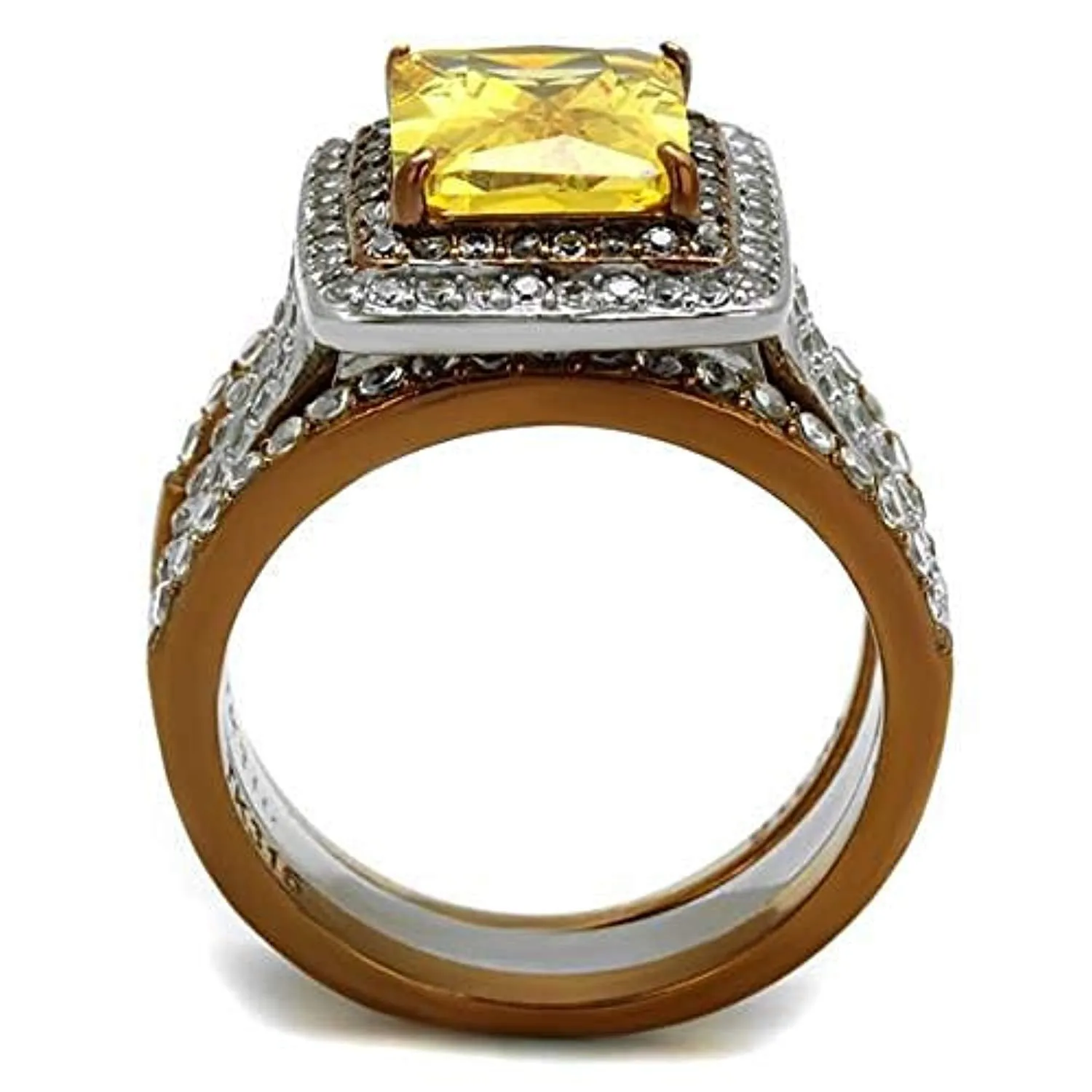 WildKlass Stainless Steel Ring Two Tone IP Light Brown (IP Light Coffee) Women AAA Grade CZ Topaz